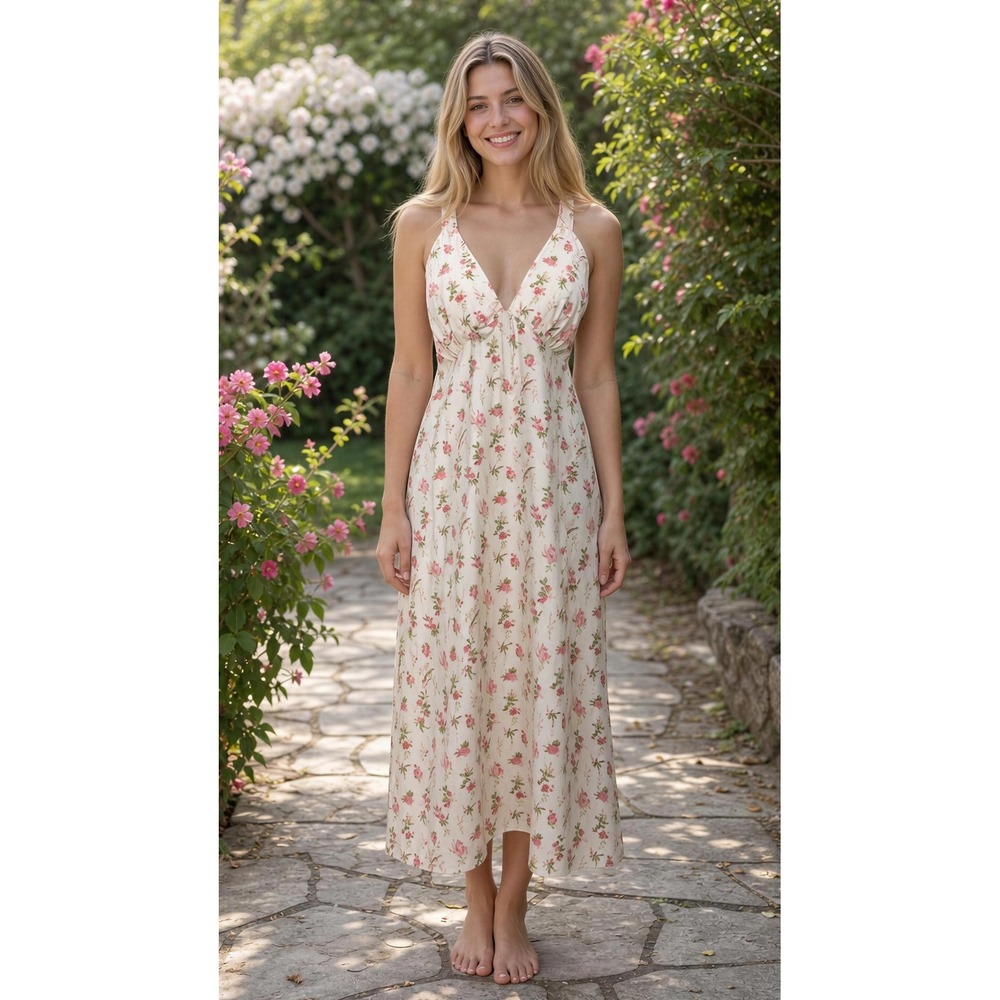 Monteau Los Angeles Floral Maxi Dress Cream Pink V-Neck Smocked Back Size L NWT